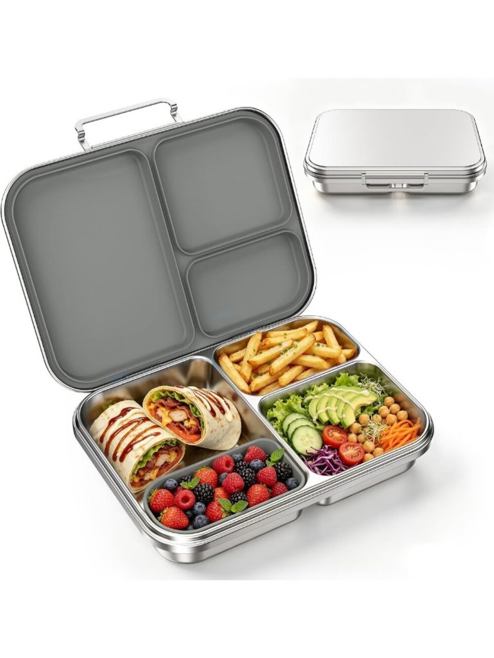 Leak-Resistant Stainless Steel Bento Lunch Box, 3 Compartments, BPA-Free, Grey